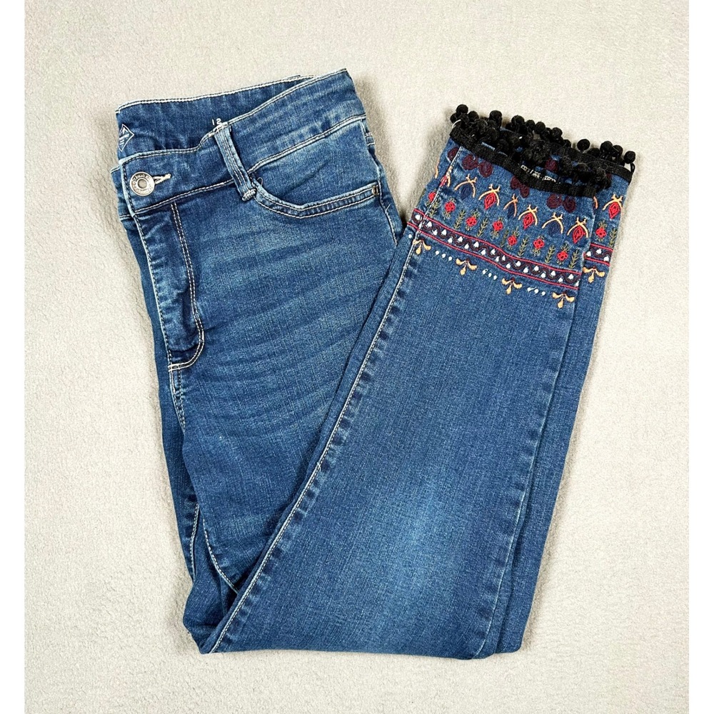 St. John's Bay Jeans Womens 12 Blue Skinny Leg Embroidered Pom Pom Boho Denim